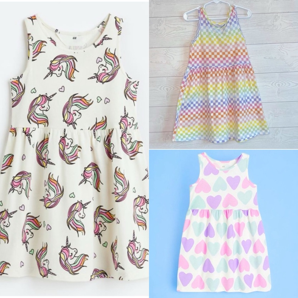 NEW LOT OF 3 H&M Tank Top Dress Unicorn Hearts Rainbow Checkerboard 5 - 6